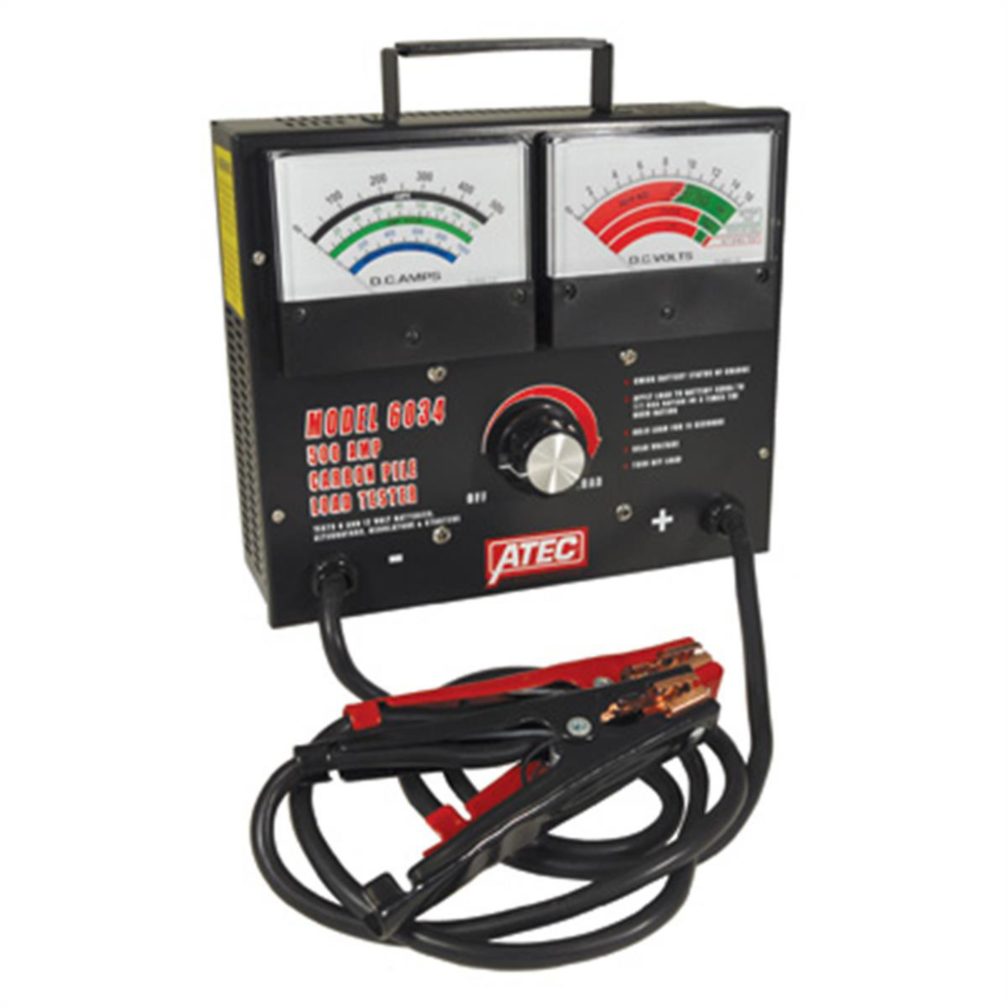 Associated Carbon Pile Battery Load Tester — 0-16 Volts DC, 0-500 Amps, 2 Analog Meters, 2.5ft. Test Leads, Model# ASO6034